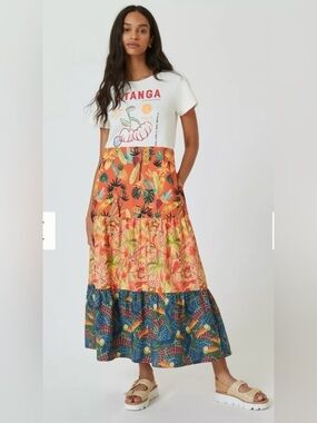 In 🔜 Farm Rio x Anthropologie Pitanga Mixed Print T-Shirt Tiered Maxi Dress S